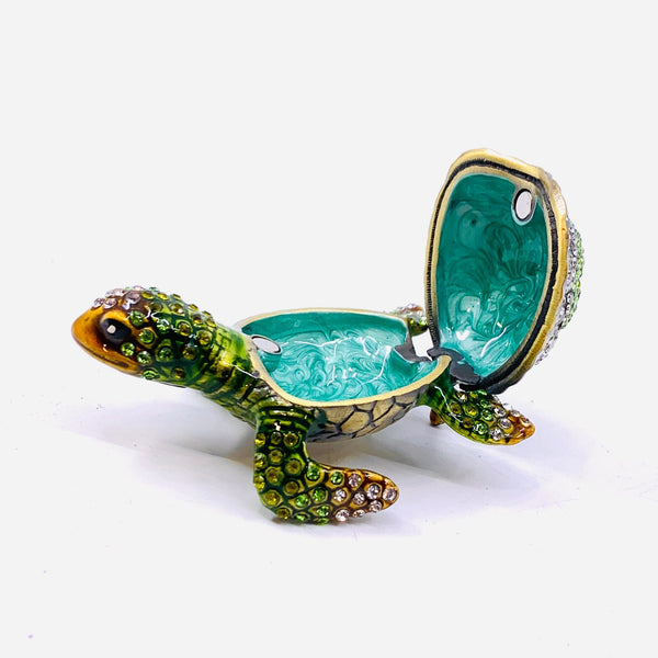 Enameled good Pewter Bejeweled Sea Turtle Trinket Box w/ Matching Sea Turtle Necklace