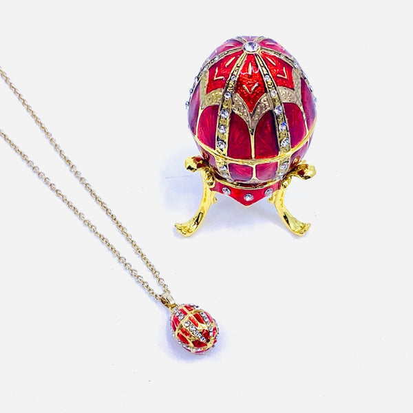 Gold 2024 Egg Enameled Trinket Box, with Stand & Pendant Necklace, Austrian Crystals