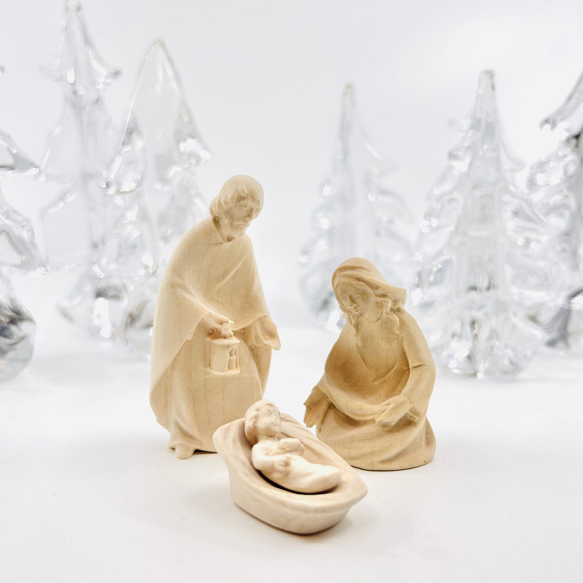 Wood Sculpted Nativity Set, St Joseph, Mary and Infant with Cradle 1 Dolfi 