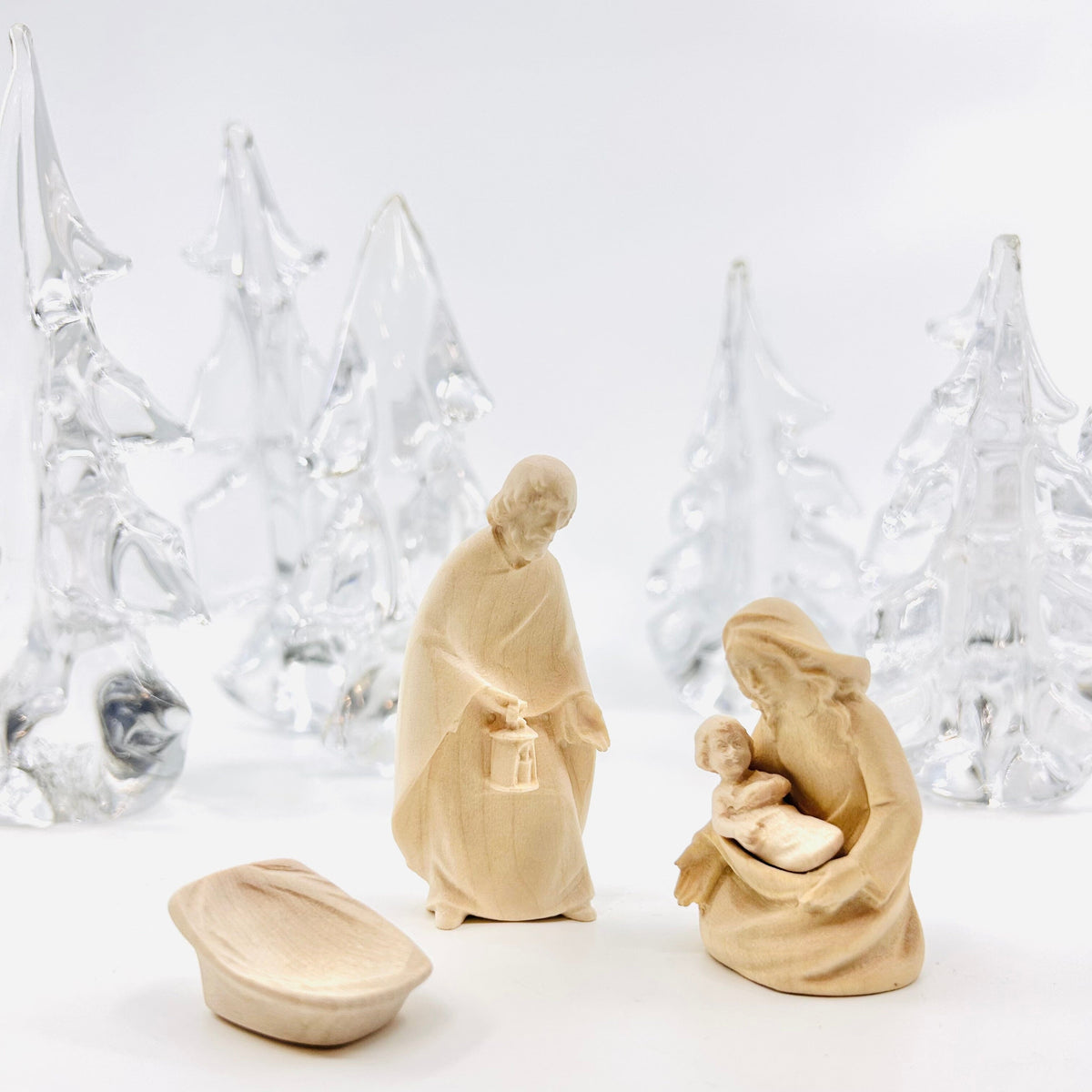 Wood Sculpted Nativity Set, St Joseph, Mary and Infant with Cradle 1 Dolfi 