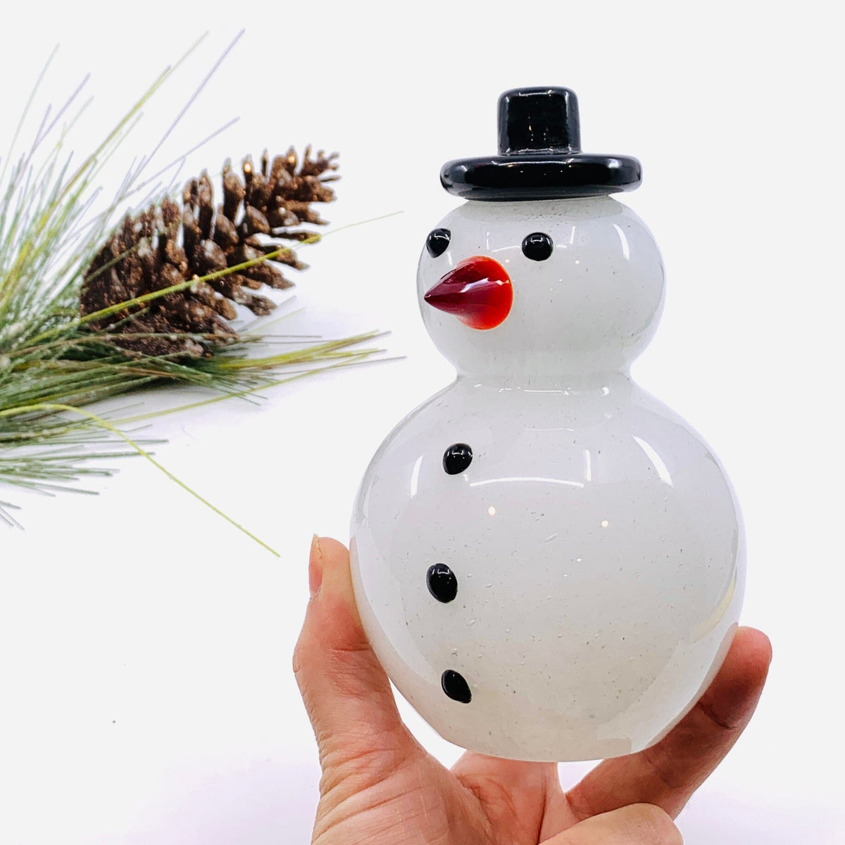 Blown Glass Snowman - Black Top Hat Diamond Star 