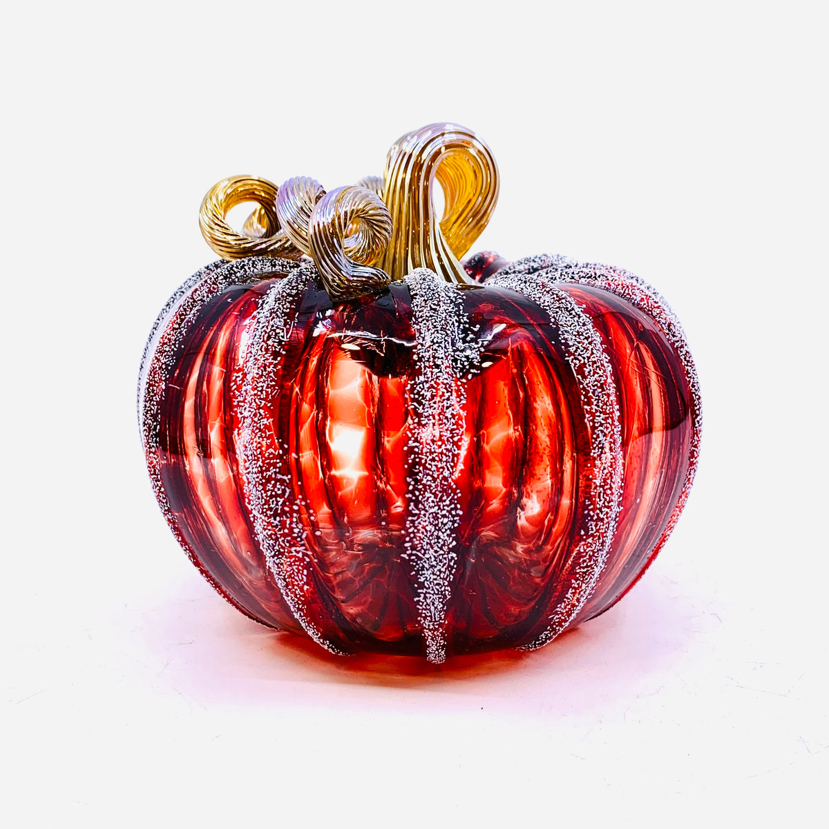 Snow Frosted Cranberry Squat Pumpkin with a Gold Stem