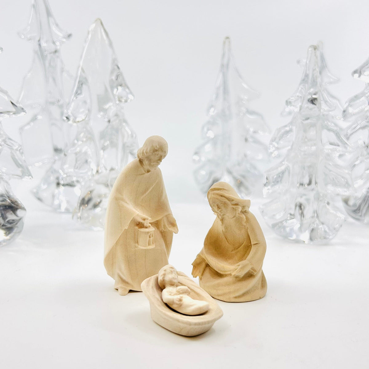 Wood Sculpted Nativity Set, St Joseph, Mary and Infant with Cradle 1 Dolfi 