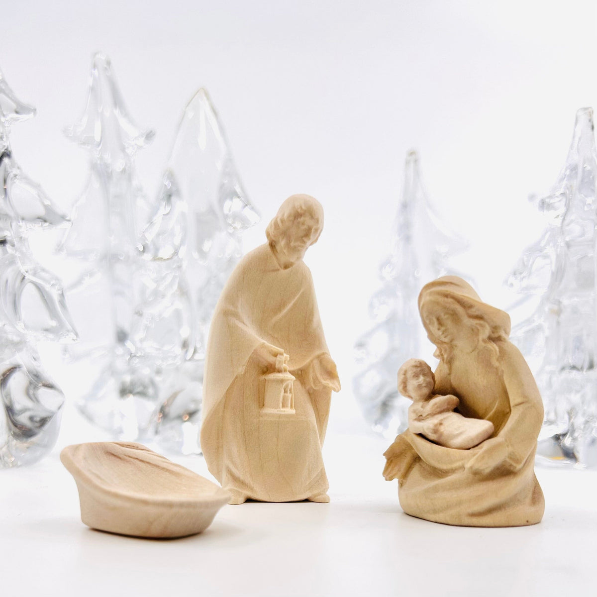 Wood Sculpted Nativity Set, St Joseph, Mary and Infant with Cradle 1 Dolfi 