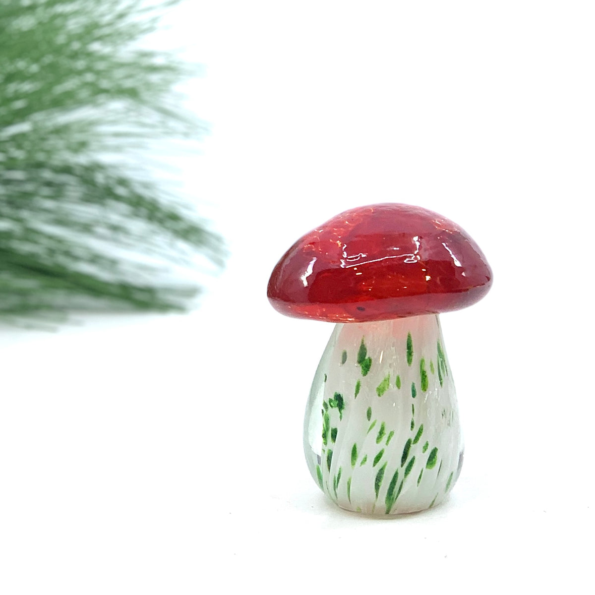 Small Glass Mushroom, Green Spotted with Red Cap