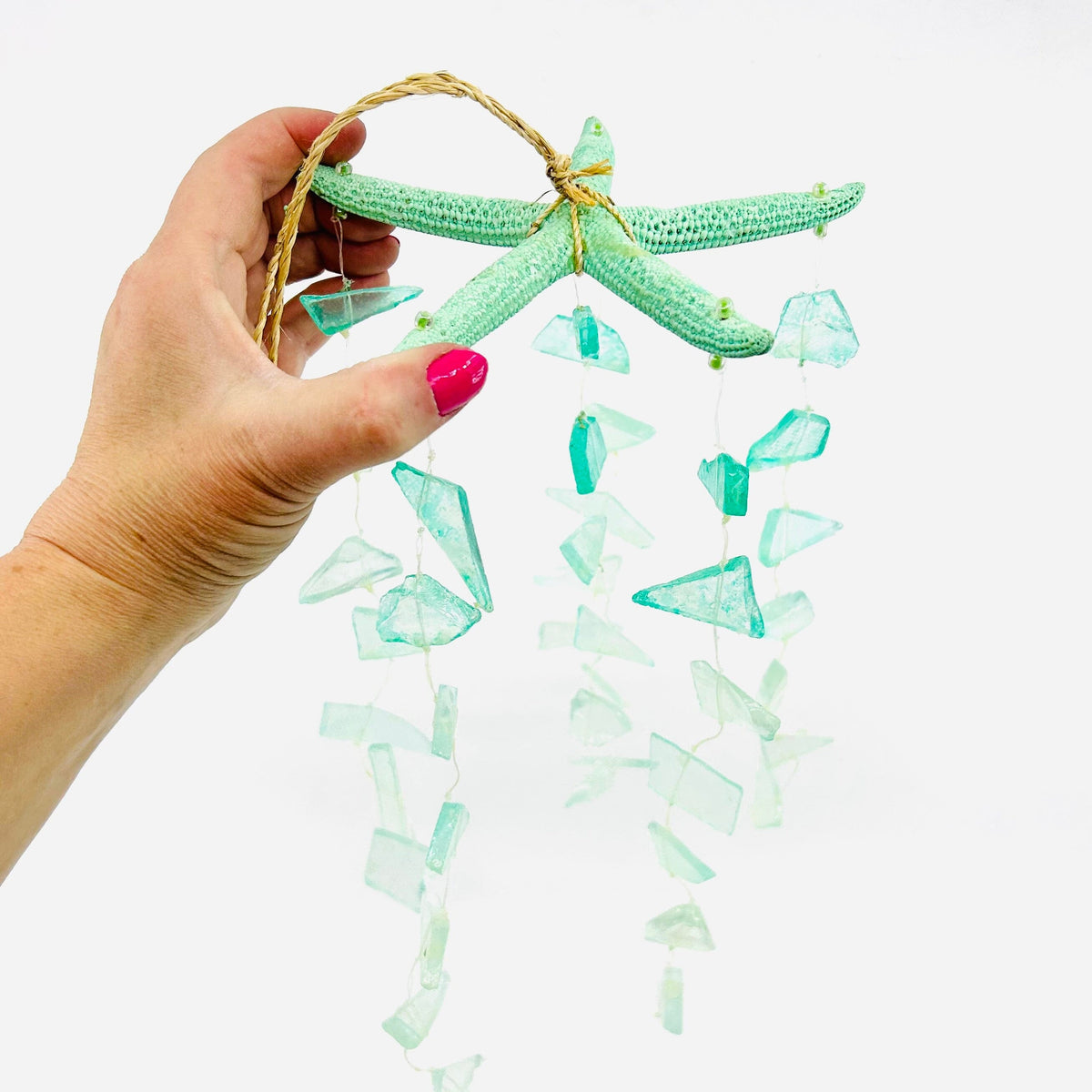 Teal Sea Glass and Starfish Wind Chime Chesapeake Bay 