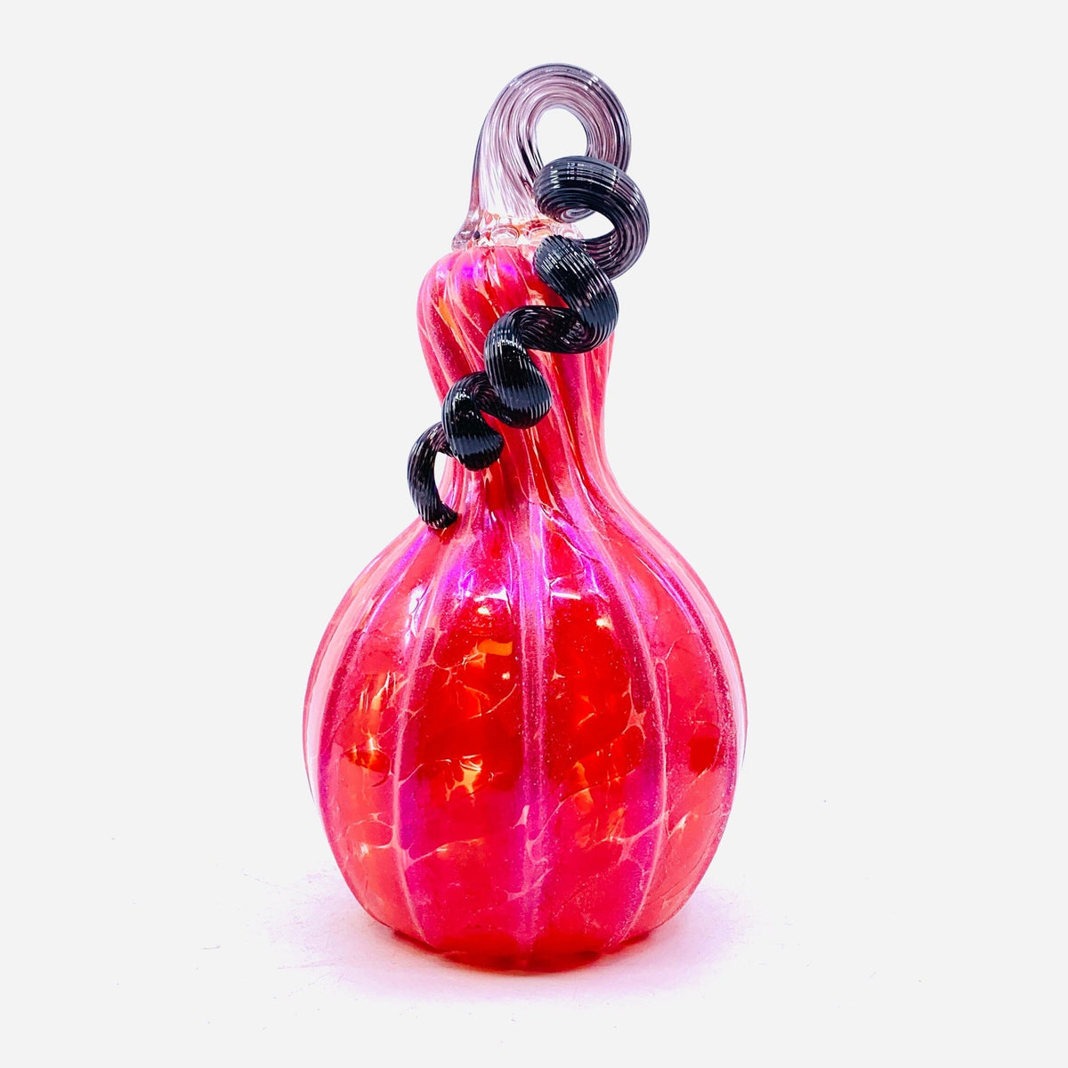 Coral Red Shimmer Gourd with Black Stem Inspo Luke Adams Glass Blowing Studio 