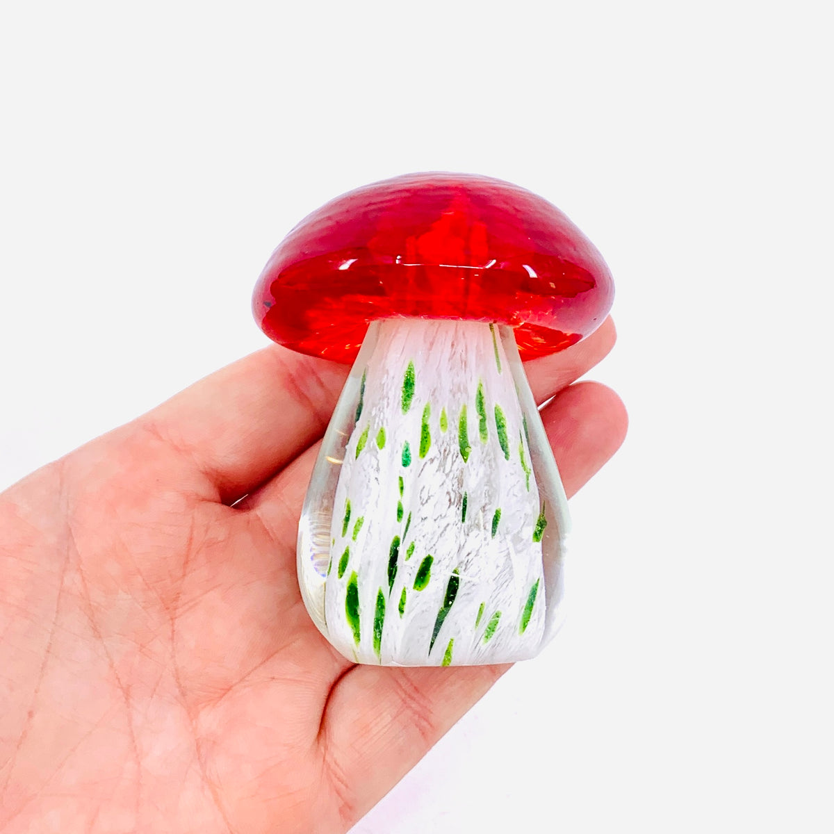 Small Glass Mushroom, Green Spotted with Red Cap