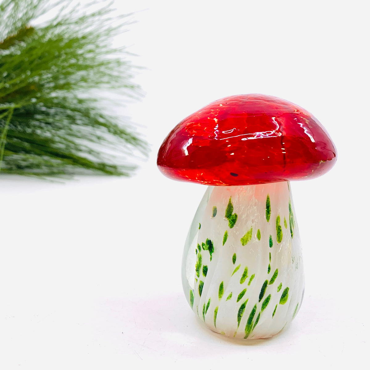 Small Glass Mushroom, Green Spotted with Red Cap