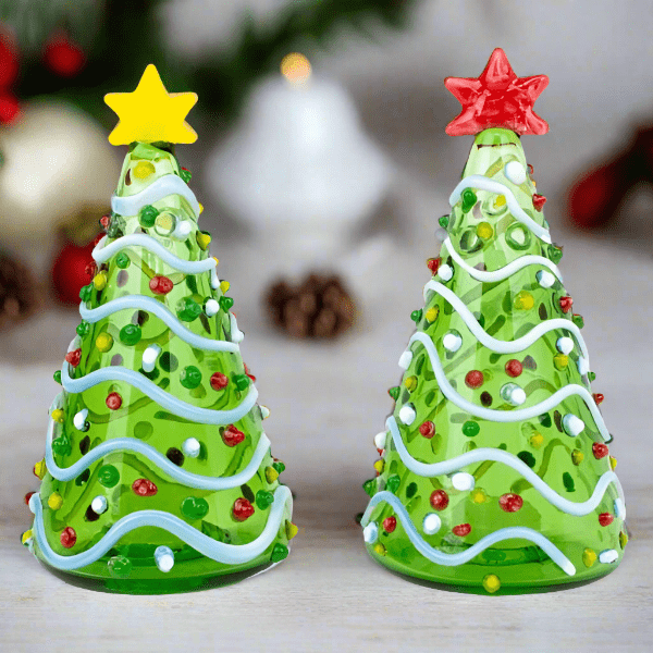 Blown Glass Salt and Pepper Shakers, GREEN Trees Decor Gift Essentials 